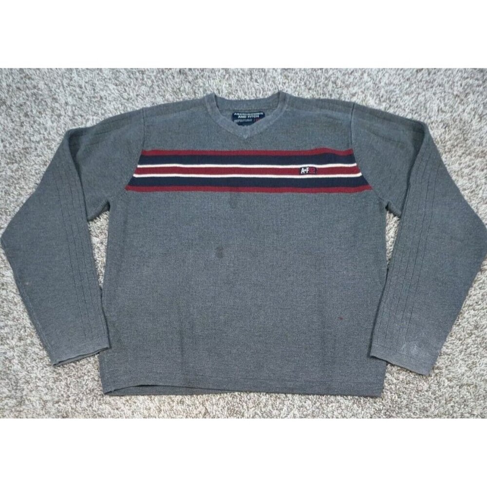 Vintage Abercrombie Sweater Mens XL Grey Stripe V Neck Cotton Acrylic Y2K